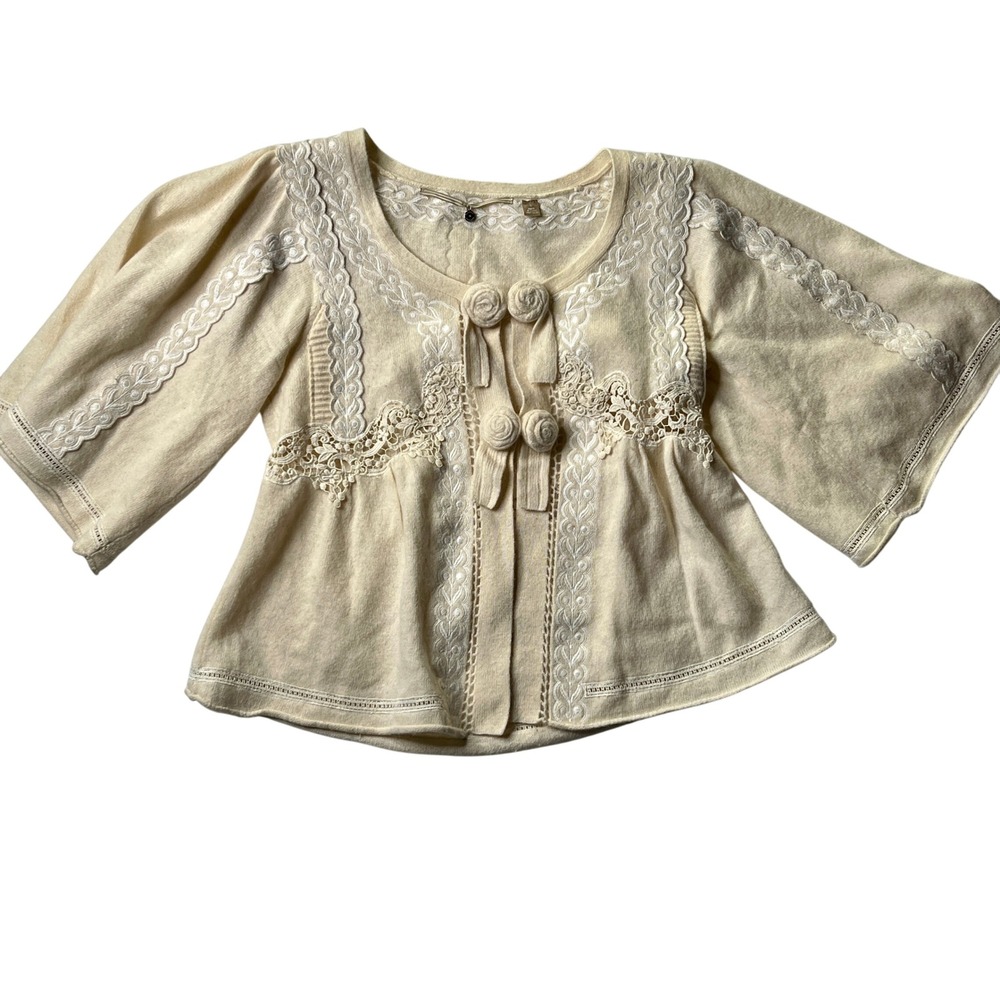 Knitted & Knotted Cream Cardigan Lace Trim Button Up Cropped Sweater Top Sz Sm‎